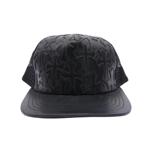 Chrome Hearts Cemetary Cross Leather Stitched Trucker Hat Black