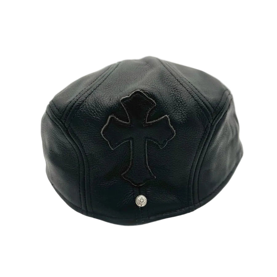 Chrome Hearts Leather Cross Newsboy Cap Black