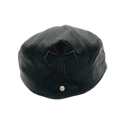 Chrome Hearts Leather Cross Newsboy Cap Black