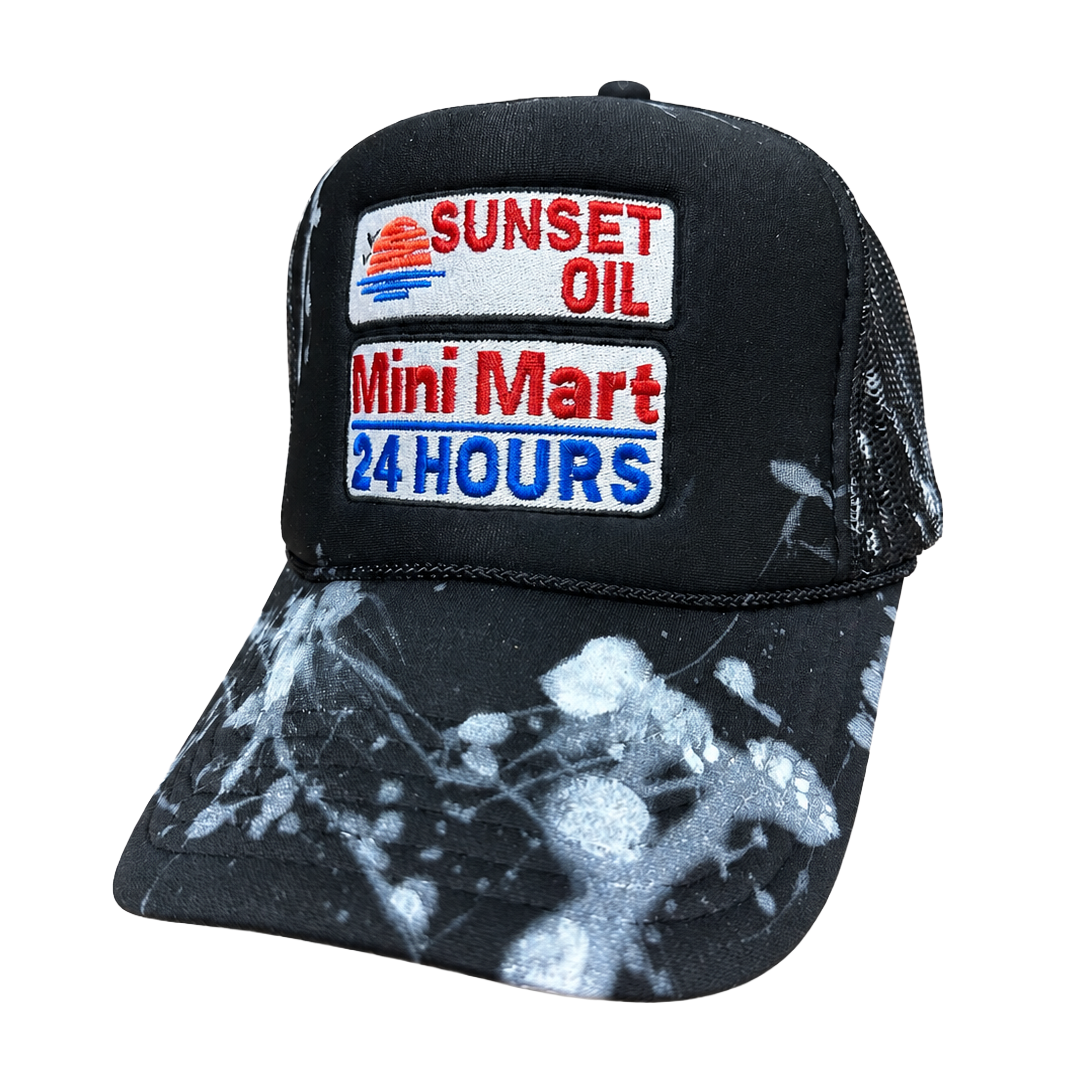 Sunset Oil Mini Mart Paint Splatter Trucker Hat Black