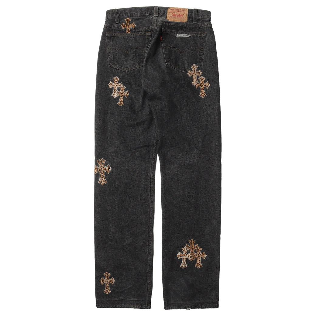 Chrome Hearts Leopard Cross Patch Jeans Black Vintage Wash