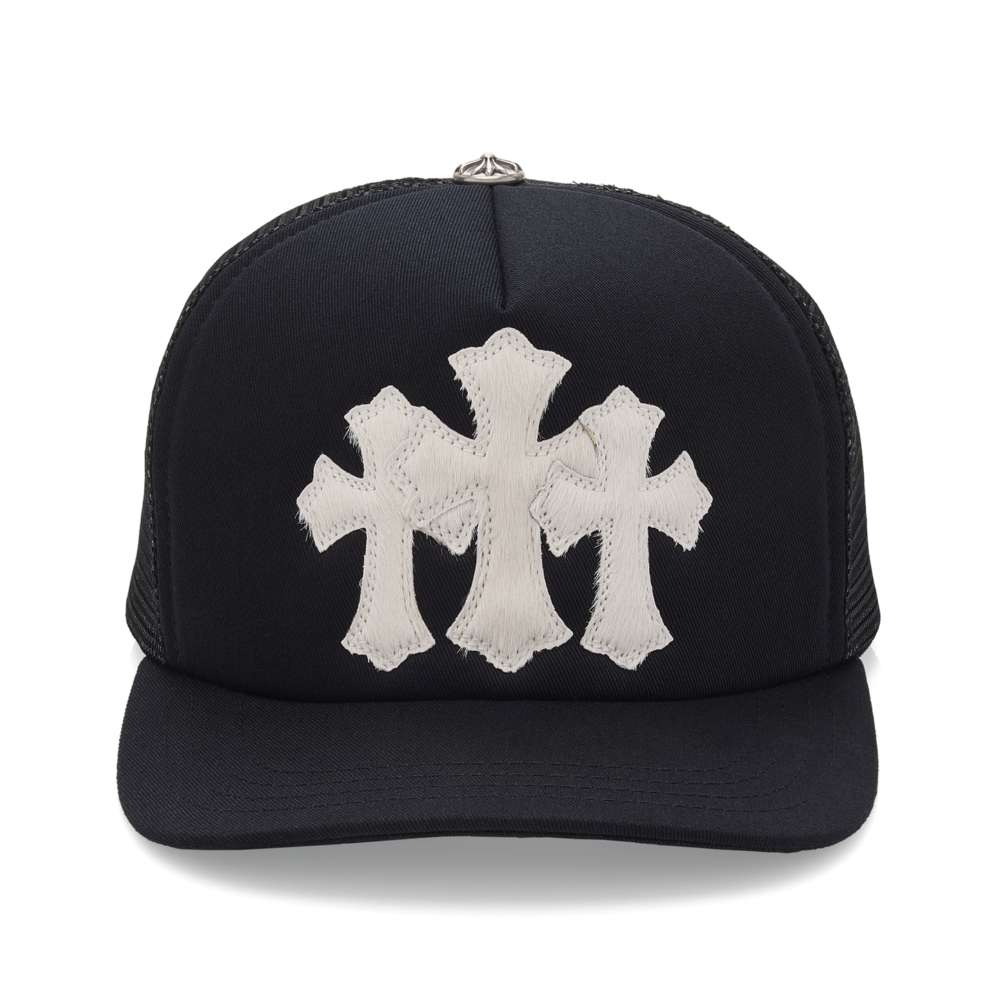 Chrome Hearts Calf Hair Triple Cemetery Cross Trucker Hat Black