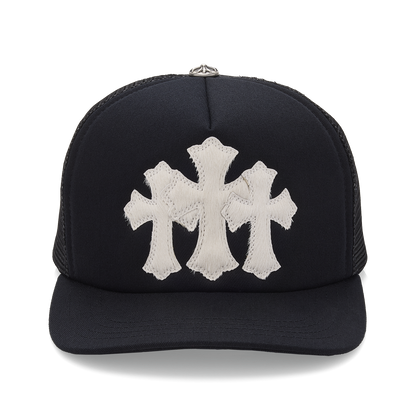Chrome Hearts Calf Hair Triple Cemetery Cross Trucker Hat Black