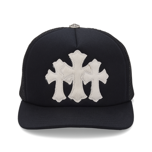 Chrome Hearts Calf Hair Triple Cemetery Cross Trucker Hat Black
