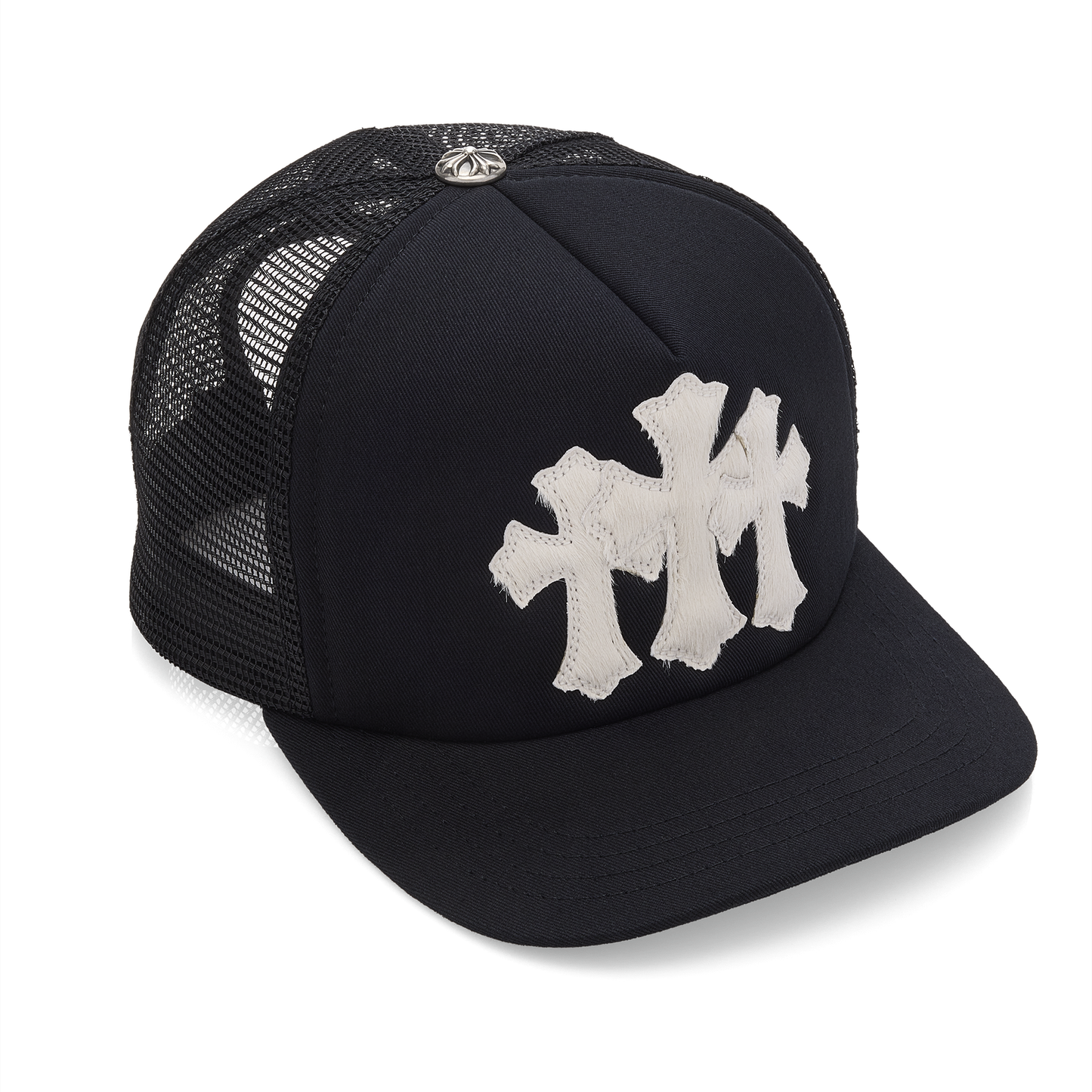 Chrome Hearts Calf Hair Triple Cemetery Cross Trucker Hat Black