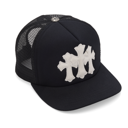 Chrome Hearts Calf Hair Triple Cemetery Cross Trucker Hat Black