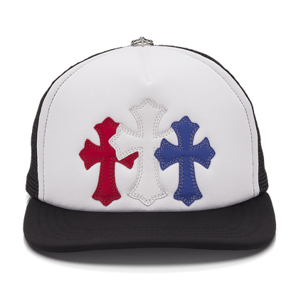 Chrome Hearts Leather Cemetery Cross Patch Trucker Hat Red/White Chrome Hearts Leather Cemetery Cross Patch Trucker Hat Red/White