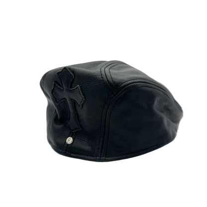 Chrome Hearts Leather Cross Newsboy Cap Black
