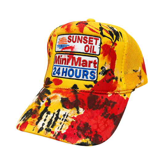 Sunset Oil Mini Mart Paint Splatter Trucker Hat Yellow