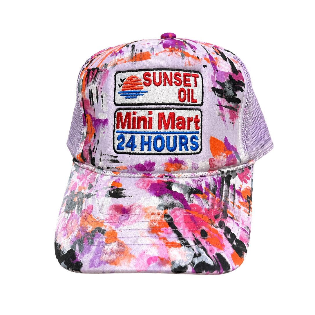 Sunset Oil Mini Mart Paint Splatter Trucker Hat Lavender
