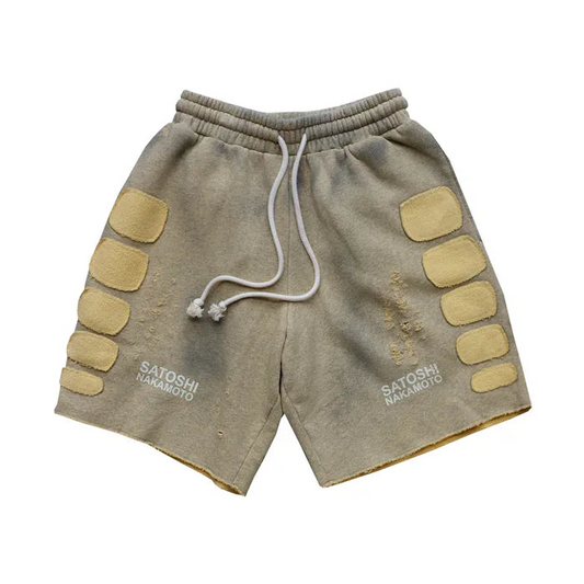 Satoshi Nakamoto Destroyed Patchwork Moto Shorts Destroyed Heather