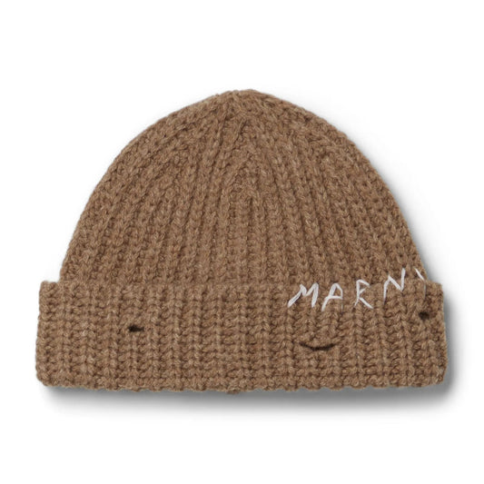 Marni Hand-Stitched Logo Ribbed Beanie Hazelnut