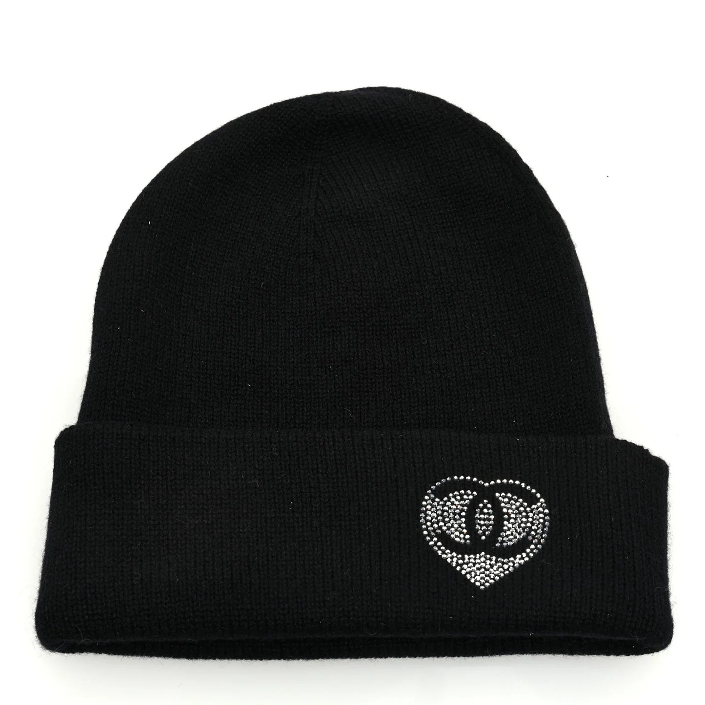 Chanel Cashmere Crystal CC Heart Beanie Black