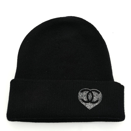 Chanel Cashmere Crystal CC Heart Beanie Black