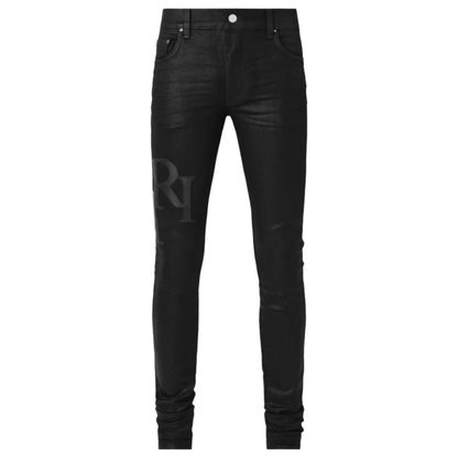 Amiri Waxed Staggered Logo Skinny Jean Black Wax