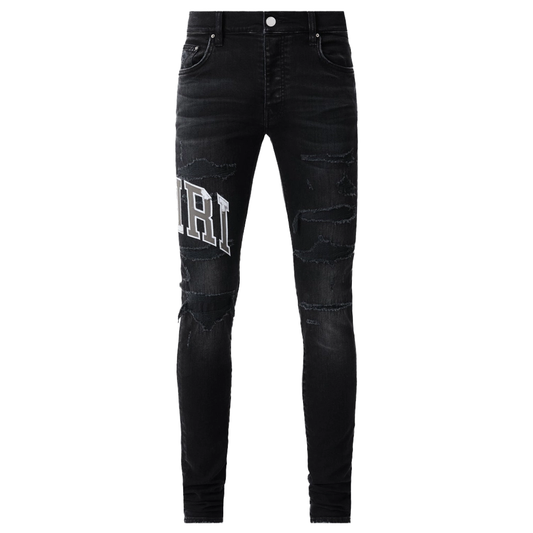 Amiri Varsity Logo Repair Jeans Vintage Black