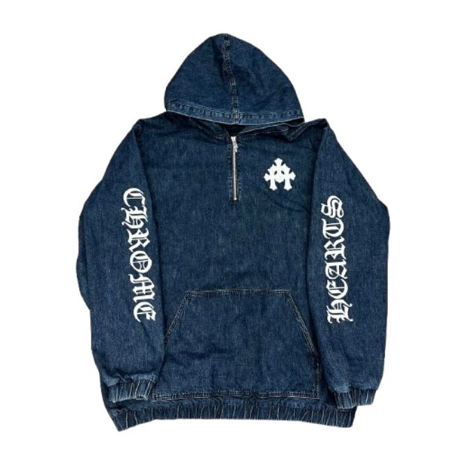 Chrome Hearts Leather Cemetery Triple Cross Denim Quarter-Zip Jacket