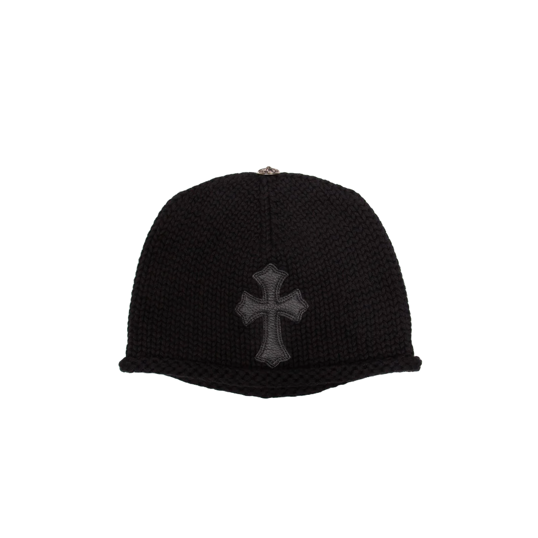 Chrome Hearts Leather Cemetery Cross Patch Knit Beanie Black