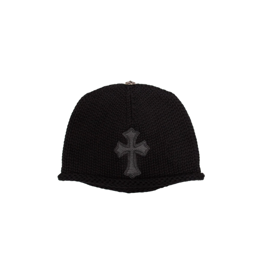 Chrome Hearts Leather Cemetery Cross Patch Knit Beanie Black