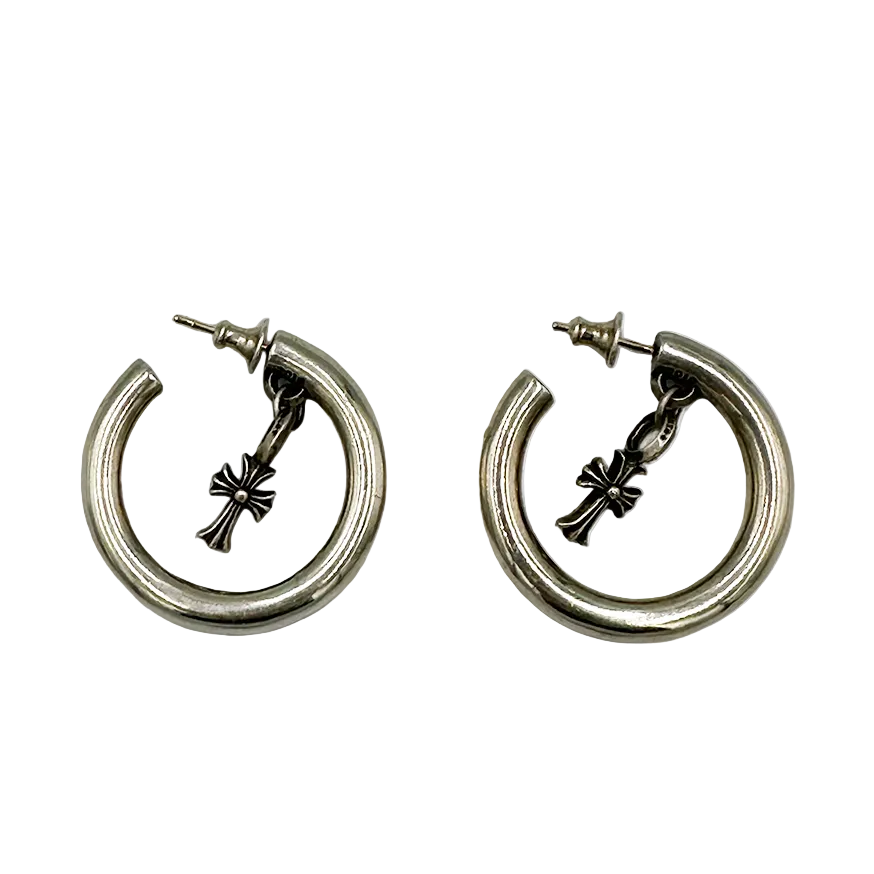 Chrome Hearts Silver Maltese Baby Fat Cross Drop Hoop Earrings (Set of 2)