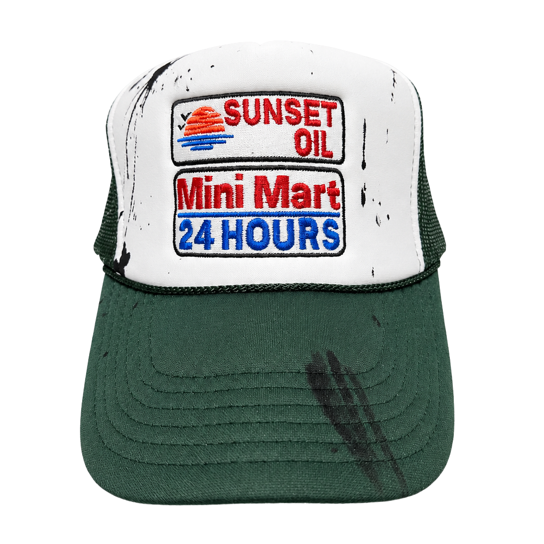 Sunset Oil Mini Mart Paint Splatter Trucker Hat Forest Green/White