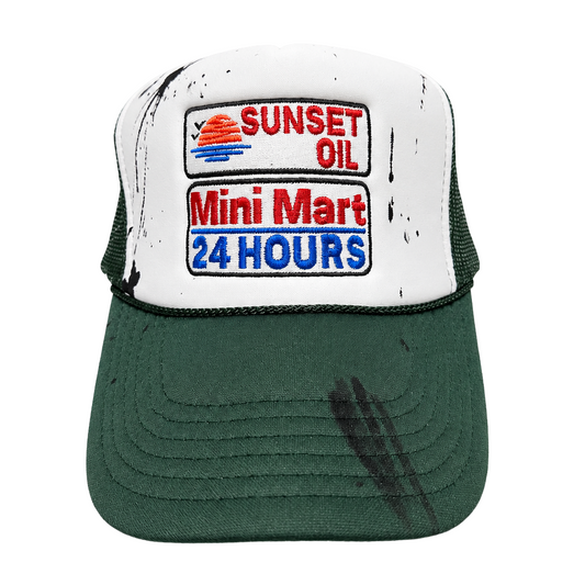 Sunset Oil Mini Mart Paint Splatter Trucker Hat Forest Green/White