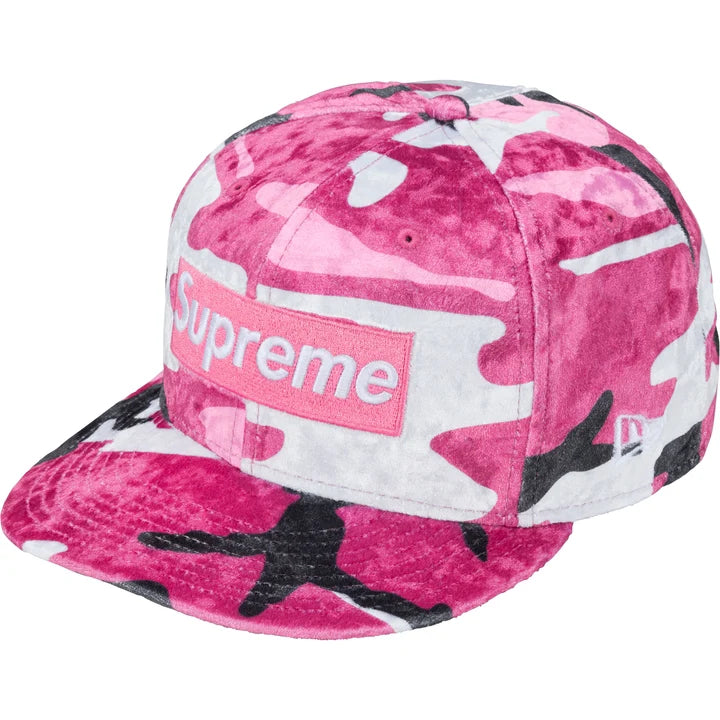 Supreme New Era Crushed Velvet Box Logo 59Fifty Fitted Hat Pink Camo