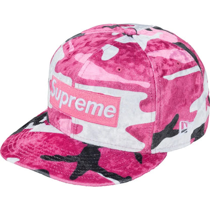 Supreme New Era Crushed Velvet Box Logo 59Fifty Fitted Hat Pink Camo