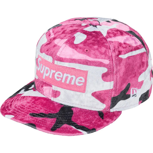 Supreme New Era Crushed Velvet Box Logo 59Fifty Fitted Hat Pink Camo