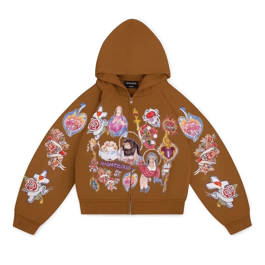 We Are Righteous Risen King Cropped Zip-Up Hoodie Brown