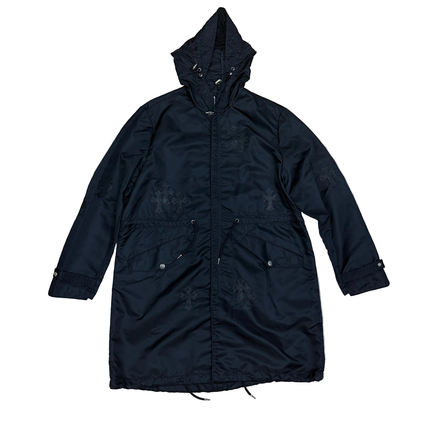 Chrome Hearts Leather Plus Cross Patch Nylon Long Rain Jacket Black