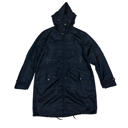 Chrome Hearts Leather Plus Cross Patch Nylon Long Rain Jacket Black