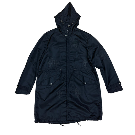 Chrome Hearts Leather Plus Cross Patch Nylon Long Rain Jacket Black