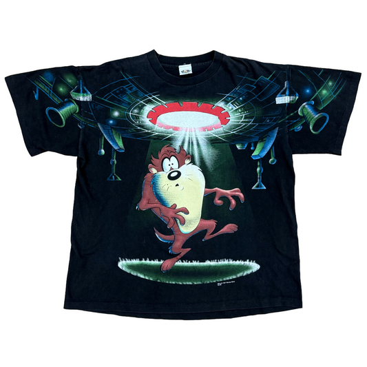 Vintage 1997 Looney Tunes Taz UFO T-Shirt Black