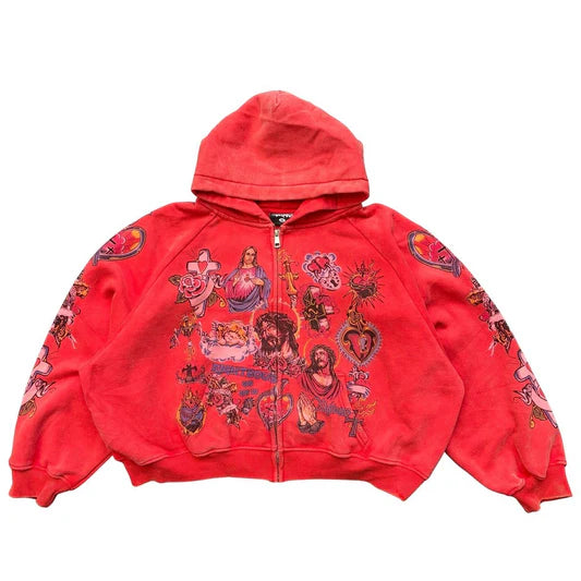 We Are Righteous Risen King Cropped Zip-Up Hoodie Red
