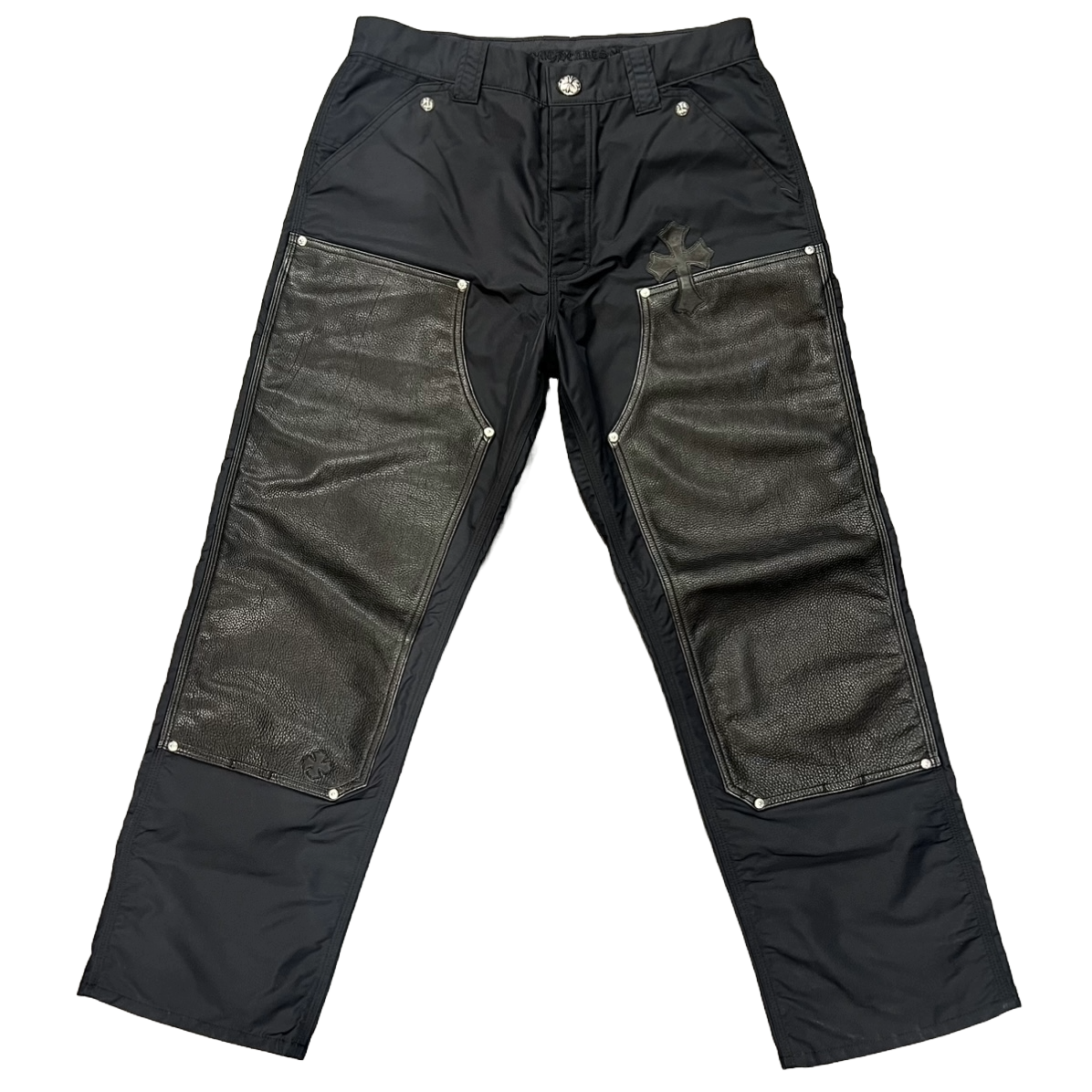 Chrome Hearts Leather Cross Patch Double Knee Nylon Leather Carpenter Pants Black