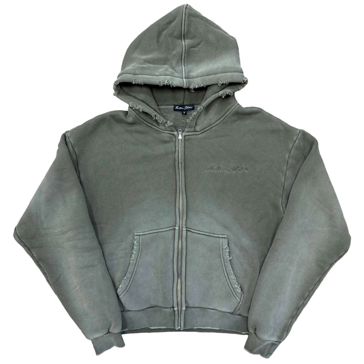 Thirteen Studios Embroidered Logo Flag Zip-Up Hoodie Faded Olive