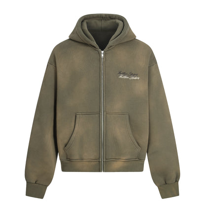 Thirteen Studios Embroidered Triple Logo Zip-Up Hoodie Faded Green