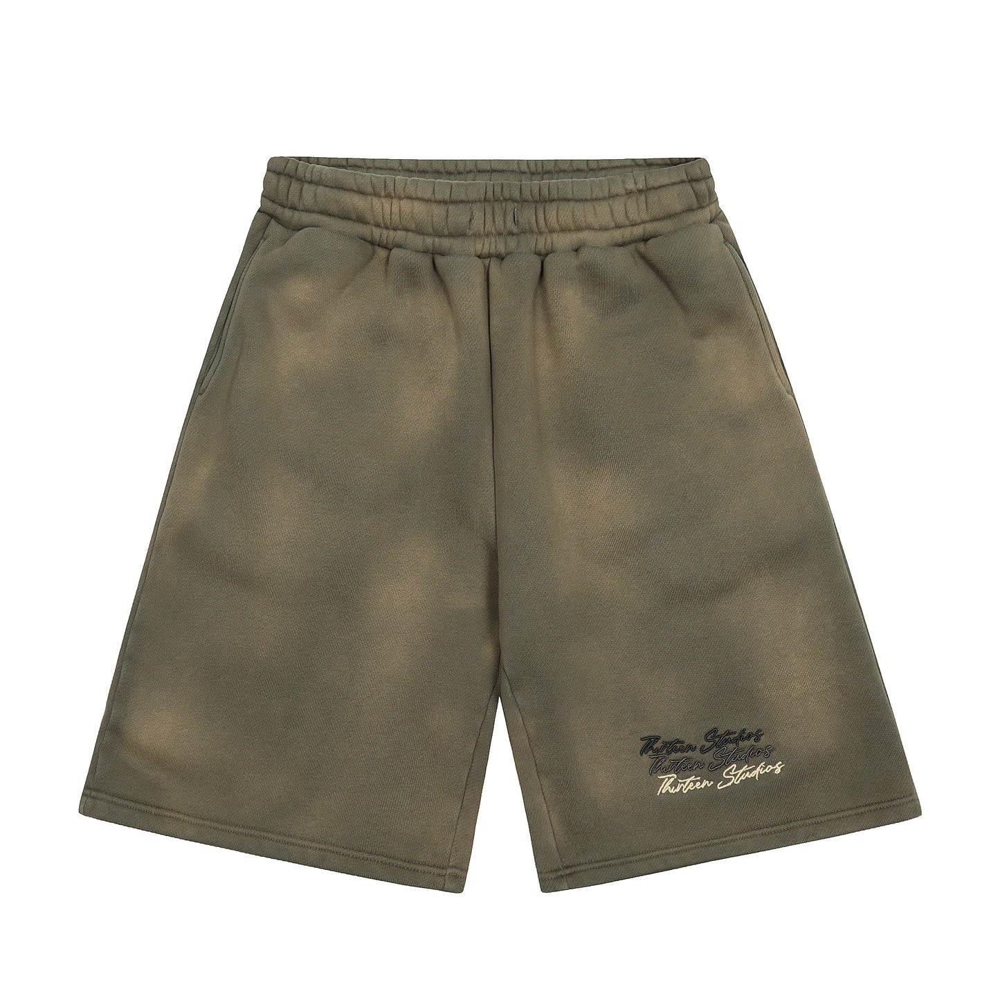 Thirteen Studios Embroidered Triple Logo Sweat Shorts Faded Green