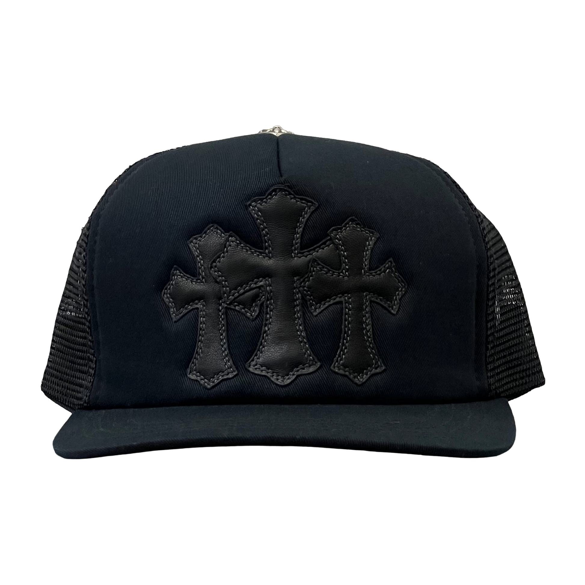 Chrome Hearts Leather Cemetery Cross Patch Trucker Hat Black/Black Chrome Hearts Leather Cemetery Cross Patch Trucker Hat Black/Black