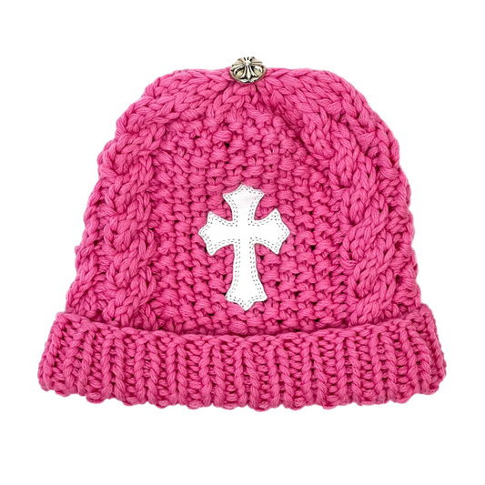 Chrome Hearts Leather Cross Patch Knit Beanie Pink