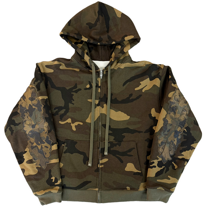 Chrome Hearts Leather Horseshoe Floral Thermal Zip-Up Hoodie Camo