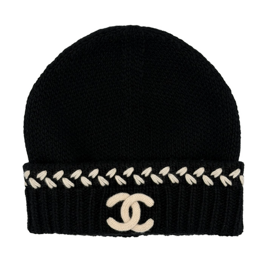 Chanel Crochet Knit Cashmere Beanie Black/White