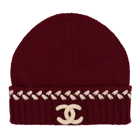 Chanel Crochet Knit Cashmere Beanie Burgundy/White