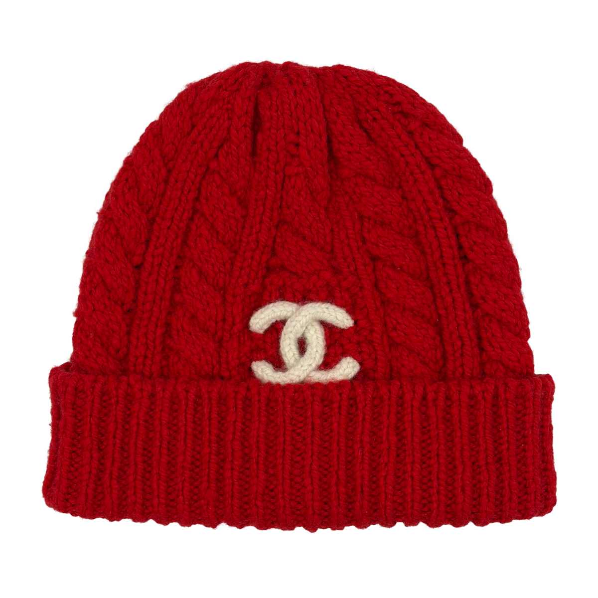 Chanel Cashmere Knit Beanie Red/Ecru