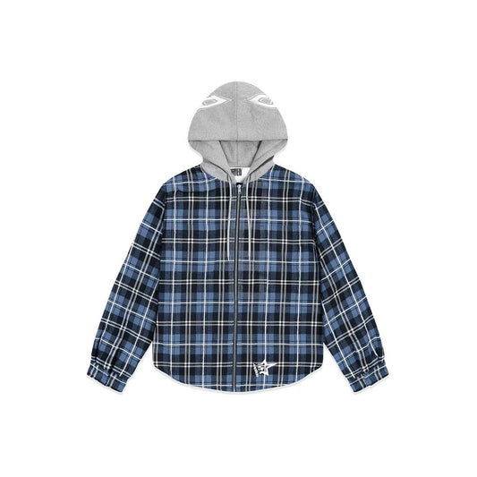 Sp5der Hooded Zip Flannel Shirt Jacket Blue Plaid