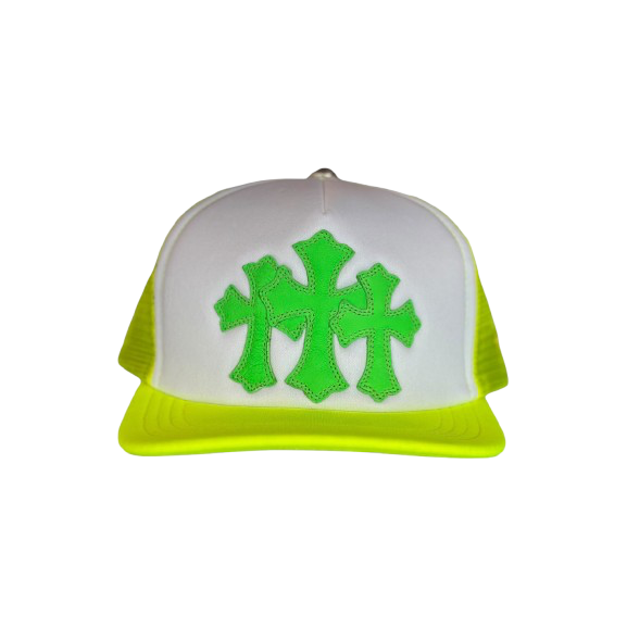 Chrome Hearts Leather Cemetery Cross Patch Trucker Hat White/Neon Green