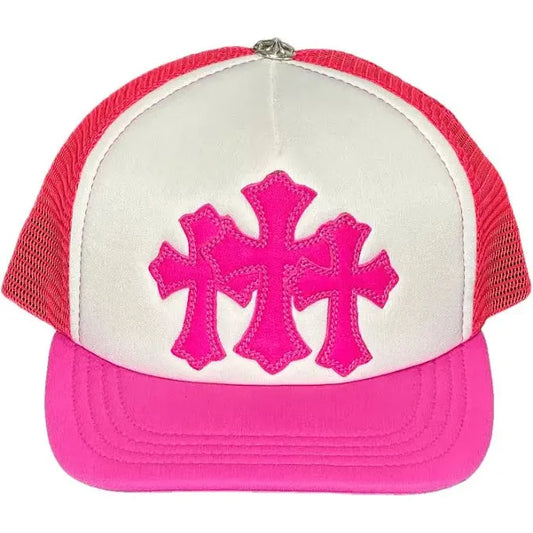 Chrome Hearts Leather Cemetery Cross Patch Trucker Hat White/Neon Pink