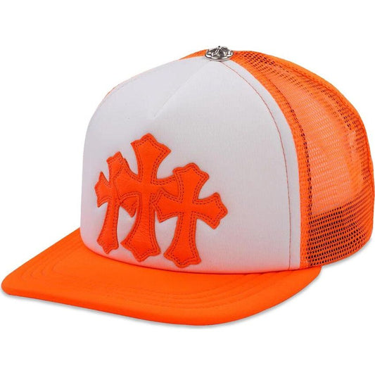 Chrome Hearts Leather Cemetery Cross Patch Trucker Hat White/Neon Orange