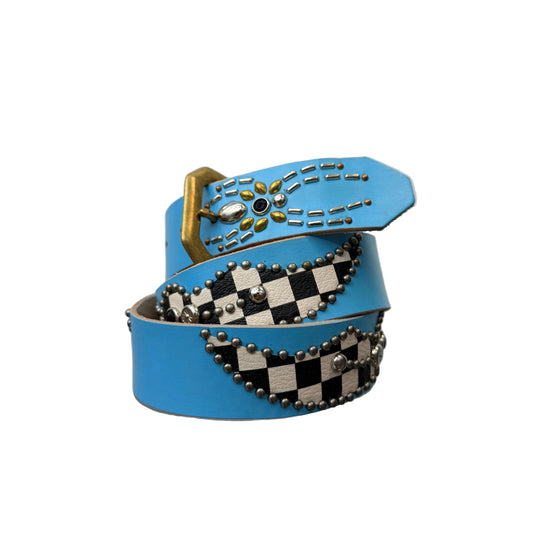 Studded Checkered Leather Star Spider Gem Belt Baby Blue